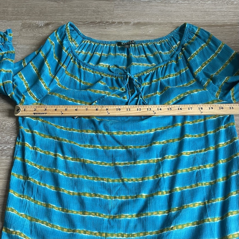 Lauren Ralph Lauren Turquoise  Stripe Crinkled Cotton Peasant Top Med Sheer NWT - Picture 3 of 7